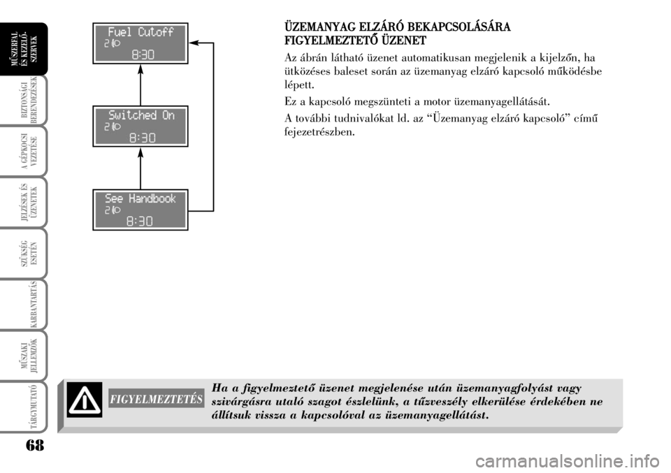 Lancia Musa 2009  Kezelési és karbantartási útmutató (in Hungarian) 68
BIZTONSÁGI
BERENDEZÉSEK
A GÉPKOCSI
VEZETÉSE
TÁRGYMUTATÓ
JELZÉSEK ÉS
ÜZENETEK
SZÜKSÉG
ESETÉN
KARBANTARTÁS
MÛSZAKI
JELLEMZÕK
MÛSZERFAL 
ÉS KEZELÕ-
SZERVEK
FIGYELMEZTETÉS
Ha a figye