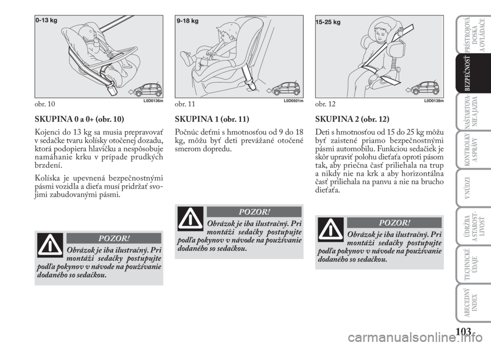 Lancia Musa 2010  Návod na použitie a údržbu (in Slovak) 103
KONTROLKY
A SPRÁVY
PRÍSTROJOVÁ
DOSKA 
A OVLÁDAČE
NAŠTARTOVA-
NIE A JAZDA
V NÚDZI
ÚDRŽBA 
A  STA ROST -
LIVOSŤ
TECHNICKÉ
ÚDAJE
ABECEDNÝ
INDEX
BEZPEČNOSŤ
SKUPINA 0 a 0+ (obr. 10)
Koje