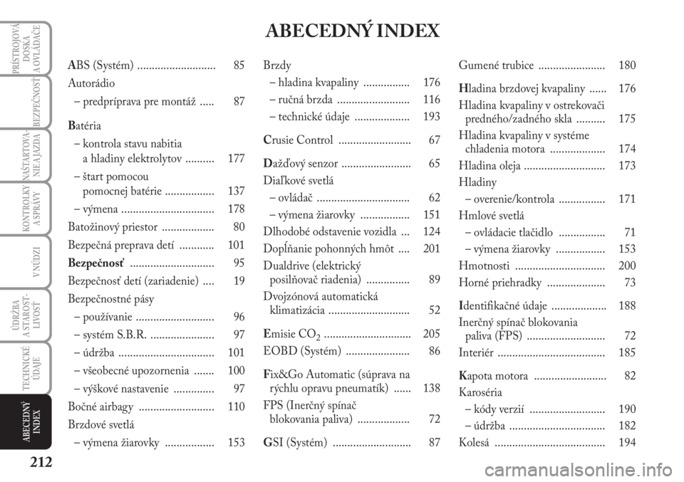Lancia Musa 2011  Návod na použitie a údržbu (in Slovak) 212
KONTROLKY
A SPRÁVY
PRÍSTROJOVÁ
DOSKA 
A OVLÁDAČE
BEZPEČNOSŤ
NAŠTARTO VA -
NIE A JAZDA
V NÚDZI
ÚDRŽBA 
A  STA ROST -
LIVOSŤ
TECHNICKÉ
ÚDAJE
ABECEDNÝ
INDEX
ABS (Systém) .............