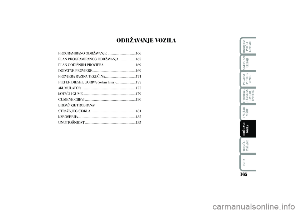 Lancia Musa 2012  Knjižica s uputama za uporabu i održavanje (in Croatian) ODR@AVANJE VOZILA
PROGRAMIRANO ODR@AVANJE...............................166
PLAN PROGRAMIRANOG ODR@AVANJA ...................167
PLAN GODI[NJIH PROVJERA ...................................169
DODATNE 