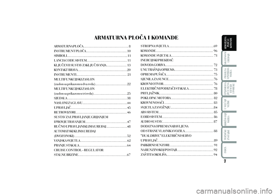 Lancia Musa 2012  Knjižica s uputama za uporabu i održavanje (in Croatian) ARMATURNA PLO^A................................................. 8
INSTRUMENT PLO^A.............................................10
SIMBOLI..............................................................