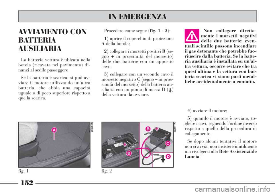 Lancia Phedra 2006 Libretto Uso Manutenzione (in Italian) AVVIAMENTO CON
BATTERIA
AUSILIARIA
La batteria vettura è ubicata nella
botola (ricavata nel pavimento) di-
nanzi al sedile passeggero.
Se la batteria è scarica, si può av-
viare il motore utilizzan Lancia Phedra 2006 Libretto Uso Manutenzione (in Italian) AVVIAMENTO CON
BATTERIA
AUSILIARIA
La batteria vettura è ubicata nella
botola (ricavata nel pavimento) di-
nanzi al sedile passeggero.
Se la batteria è scarica, si può av-
viare il motore utilizzan