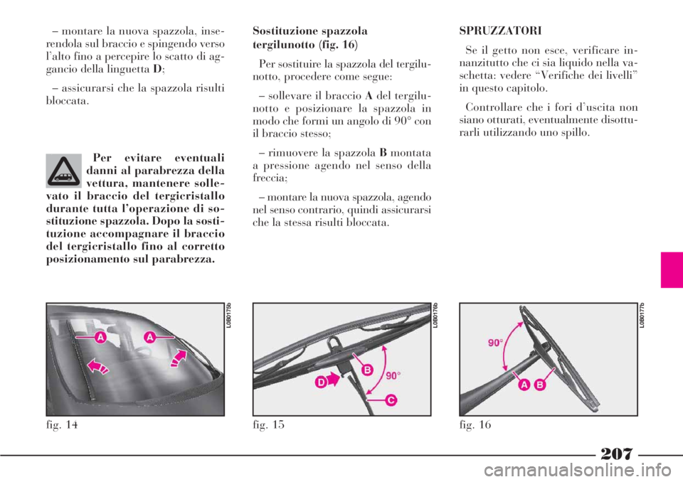 Lancia Phedra 2006 Libretto Uso Manutenzione (in Italian) 207
– montare la nuova spazzola, inse-
rendola sul braccio e spingendo verso
l’alto fino a percepire lo scatto di ag-
gancio della linguetta D;
– assicurarsi che la spazzola risulti
bloccata.
Pe Lancia Phedra 2006 Libretto Uso Manutenzione (in Italian) 207
– montare la nuova spazzola, inse-
rendola sul braccio e spingendo verso
l’alto fino a percepire lo scatto di ag-
gancio della linguetta D;
– assicurarsi che la spazzola risulti
bloccata.
Pe