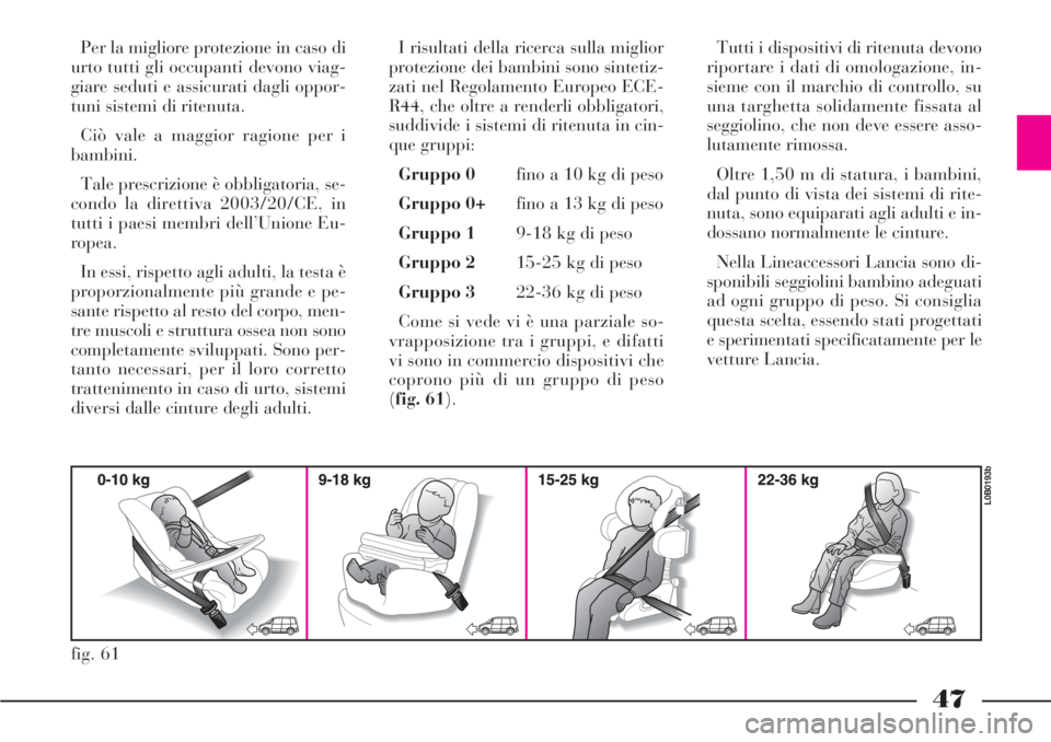 Lancia Phedra 2006 Libretto Uso Manutenzione (in Italian) 47
Per la migliore protezione in caso di
urto tutti gli occupanti devono viag-
giare seduti e assicurati dagli oppor-
tuni sistemi di ritenuta.
Ciò vale a maggior ragione per i
bambini.
Tale prescriz Lancia Phedra 2006 Libretto Uso Manutenzione (in Italian) 47
Per la migliore protezione in caso di
urto tutti gli occupanti devono viag-
giare seduti e assicurati dagli oppor-
tuni sistemi di ritenuta.
Ciò vale a maggior ragione per i
bambini.
Tale prescriz