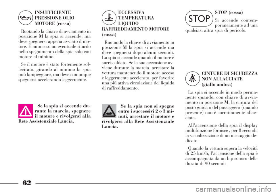 Lancia Phedra 2007  Libretto Uso Manutenzione (in Italian) 62
STOP (rossa) 
Si accende contem-
poraneamente ad una
qualsiasi altra spia di pericolo.
CINTURE DI SICUREZZA
NON ALLACCIATE 
(giallo ambra)
La spia si accende in modo perma-
nente quando, con chiave