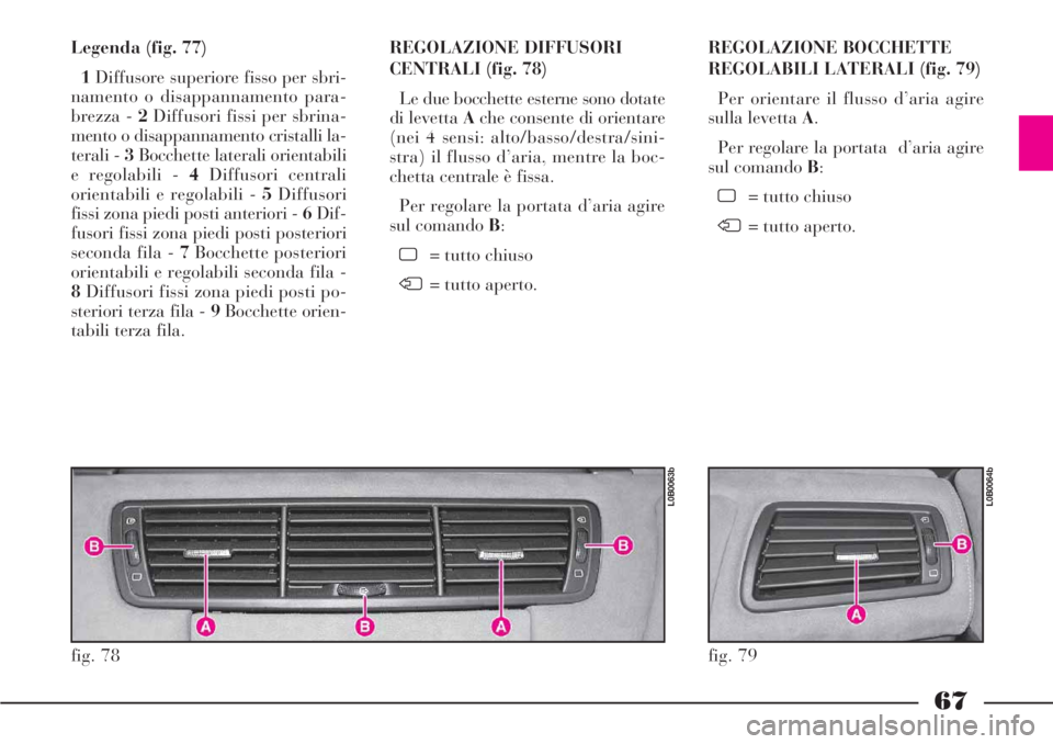 Lancia Phedra 2006 Libretto Uso Manutenzione (in Italian) 67
Legenda (fig. 77)
1Diffusore superiore fisso per sbri-
namento o disappannamento para-
brezza - 2Diffusori fissi per sbrina-
mento o disappannamento cristalli la-
terali - 3Bocchette laterali orien Lancia Phedra 2006 Libretto Uso Manutenzione (in Italian) 67
Legenda (fig. 77)
1Diffusore superiore fisso per sbri-
namento o disappannamento para-
brezza - 2Diffusori fissi per sbrina-
mento o disappannamento cristalli la-
terali - 3Bocchette laterali orien