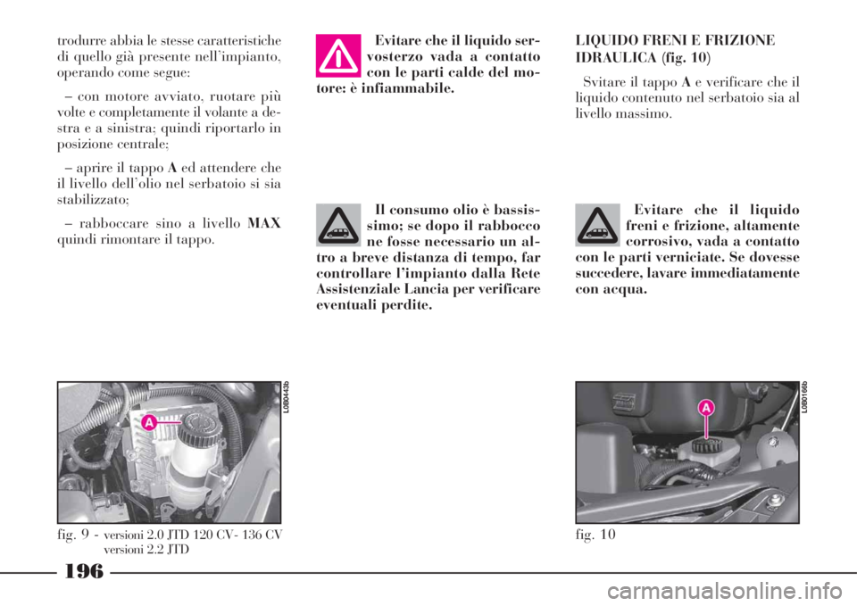 Lancia Phedra 2008  Libretto Uso Manutenzione (in Italian) 196
Evitare che il liquido ser-
vosterzo vada a contatto
con le parti calde del mo-
tore: è infiammabile.
Il consumo olio è bassis-
simo; se dopo il rabbocco
ne fosse necessario un al-
tro a breve d