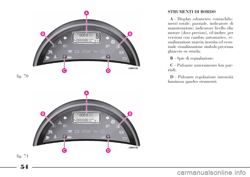 Lancia Phedra 2008  Libretto Uso Manutenzione (in Italian) 54
STRUMENTI DI BORDO
A- Display odometro: contachilo-
metri totale, parziale, indicatore di
manutenzione; indicatore livello olio
motore (dove previsto), ed inoltre, per
versioni con cambio automatic