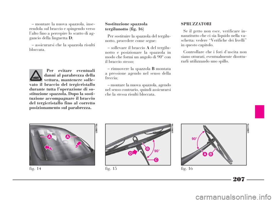 Lancia Phedra 2009  Libretto Uso Manutenzione (in Italian) 207
– montare la nuova spazzola, inse-
rendola sul braccio e spingendo verso
l’alto fino a percepire lo scatto di ag-
gancio della linguetta D;
– assicurarsi che la spazzola risulti
bloccata.
Pe