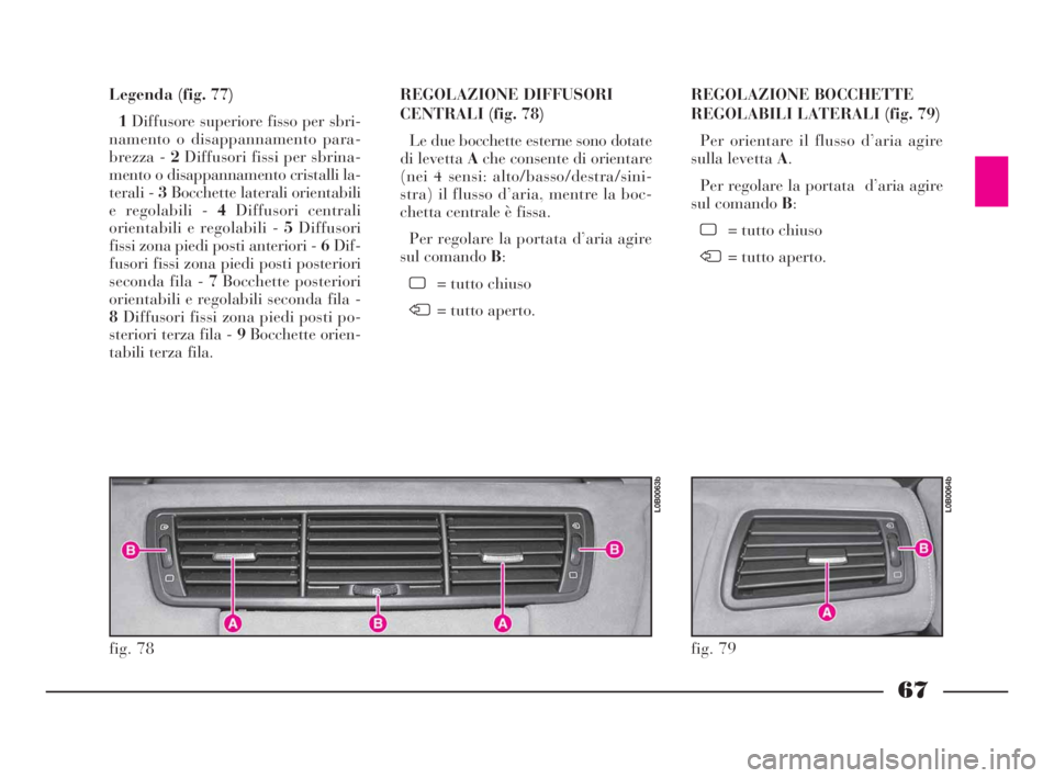 Lancia Phedra 2009  Libretto Uso Manutenzione (in Italian) 67
Legenda (fig. 77)
1Diffusore superiore fisso per sbri-
namento o disappannamento para-
brezza - 2Diffusori fissi per sbrina-
mento o disappannamento cristalli la-
terali - 3Bocchette laterali orien