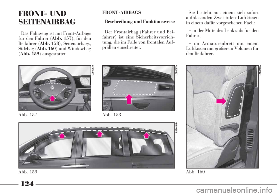 Lancia Phedra 2006  Betriebsanleitung (in German) 124
FRONT- UND
SEITENAIRBAG
Das Fahrzeug ist mit Front-Airbags
für den Fahrer (Abb. 157), für den
Beifahrer (Abb. 158), Seitenairbags,
Sidebag (Abb. 160) und Windowbag
(Abb. 159) ausgestattet.FRONT-