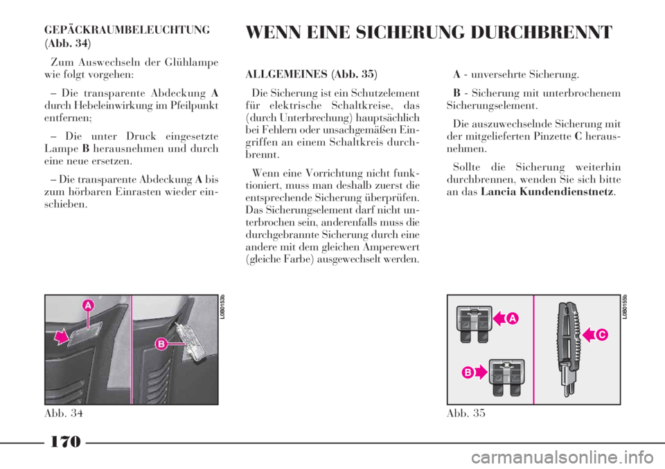 Lancia Phedra 2006  Betriebsanleitung (in German) GEPÄCKRAUMBELEUCHTUNG
(Abb. 34)
Zum Auswechseln der Glühlampe
wie folgt vorgehen:
– Die transparente Abdeckung A
durch Hebeleinwirkung im Pfeilpunkt
entfernen;
– Die unter Druck eingesetzte
Lamp