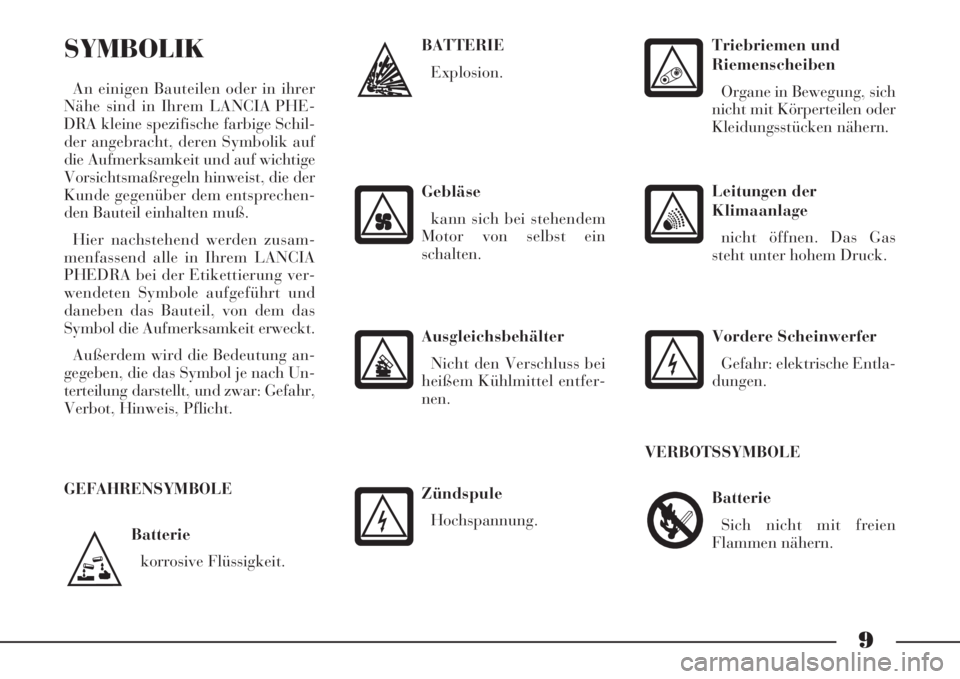 Lancia Phedra 2008  Betriebsanleitung (in German) 9
Batterie
korrosive Flüssigkeit.
SYMBOLIK
An einigen Bauteilen oder in ihrer
Nähe sind in Ihrem LANCIA PHE-
DRA kleine spezifische farbige Schil-
der angebracht, deren Symbolik auf
die Aufmerksamke