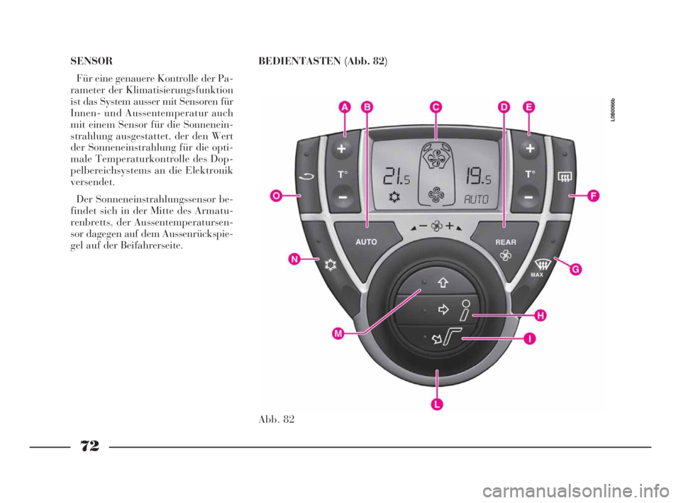 Lancia Phedra 2009 Betriebsanleitung (in German) 72
SENSOR
Für eine genauere Kontrolle der Pa-
rameter der Klimatisierungsfunktion
ist das System ausser mit Sensoren für
Innen- und Aussentemperatur auch
mit einem Sensor für die Sonnenein-
strahlu Lancia Phedra 2009 Betriebsanleitung (in German) 72
SENSOR
Für eine genauere Kontrolle der Pa-
rameter der Klimatisierungsfunktion
ist das System ausser mit Sensoren für
Innen- und Aussentemperatur auch
mit einem Sensor für die Sonnenein-
strahlu