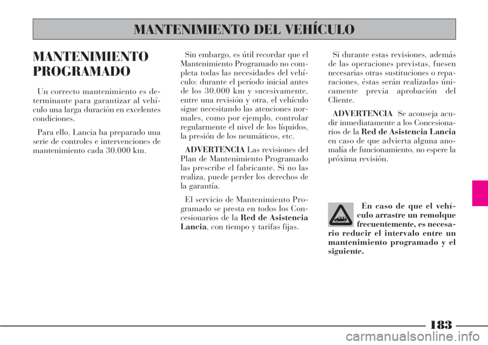 Lancia Phedra 2006 Manual de Empleo y Cuidado (in Spanish) 183
MANTENIMIENTO
PROGRAMADO
Un correcto mantenimiento es de-
terminante para garantizar al vehí-
culo una larga duración en excelentes
condiciones.
Para ello, Lancia ha preparado una
serie de contr Lancia Phedra 2006 Manual de Empleo y Cuidado (in Spanish) 183
MANTENIMIENTO
PROGRAMADO
Un correcto mantenimiento es de-
terminante para garantizar al vehí-
culo una larga duración en excelentes
condiciones.
Para ello, Lancia ha preparado una
serie de contr