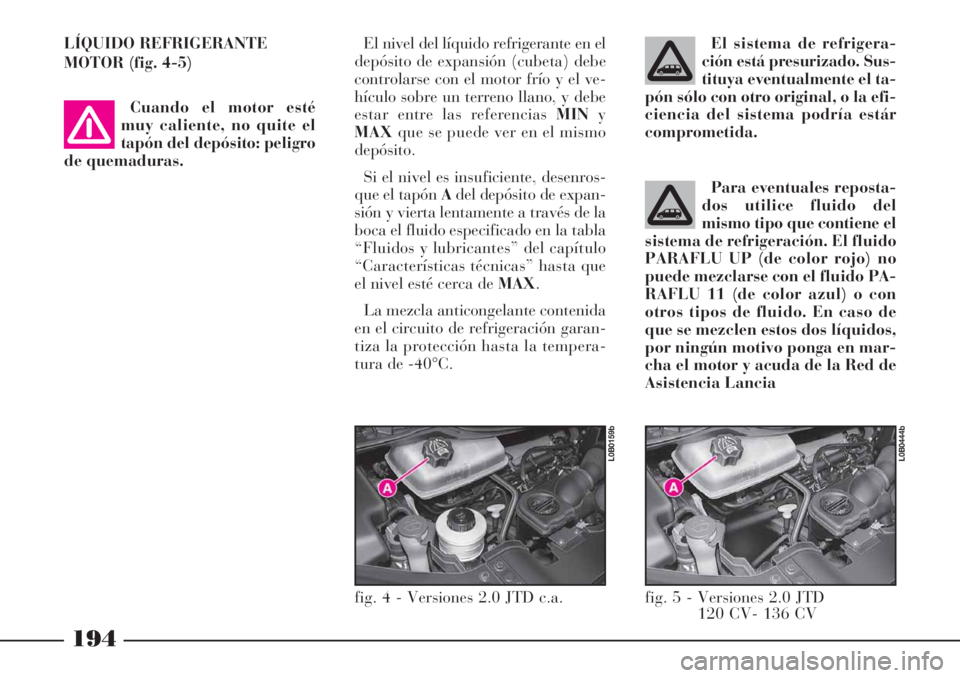 Lancia Phedra 2006  Manual de Empleo y Cuidado (in Spanish) 194
Para eventuales reposta-
dos utilice fluido del
mismo tipo que contiene el
sistema de refrigeración. El fluido
PARAFLU UP (de color rojo) no
puede mezclarse con el fluido PA-
RAFLU 11 (de color a