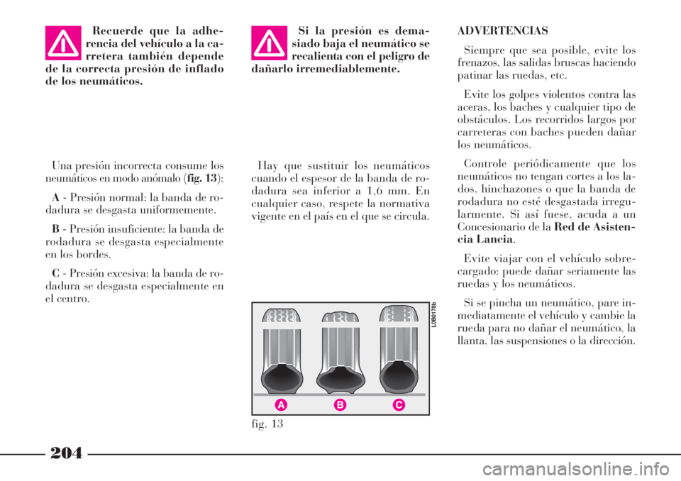 Lancia Phedra 2006  Manual de Empleo y Cuidado (in Spanish) 204
Recuerde que la adhe-
rencia del vehículo a la ca-
rretera también depende
de la correcta presión de inflado
de los neumáticos.
Una presión incorrecta consume los
neumáticos en modo anómalo