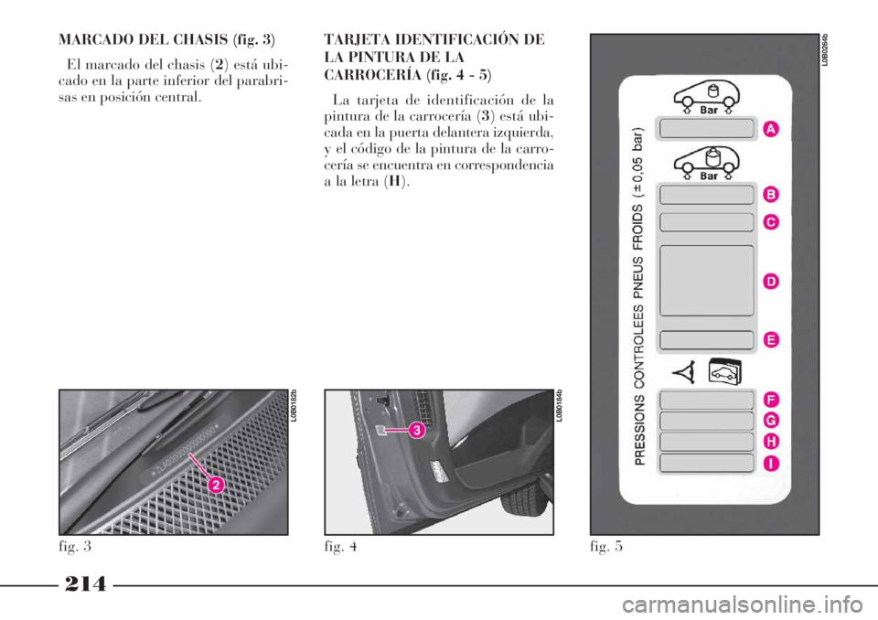 Lancia Phedra 2006 Manual de Empleo y Cuidado (in Spanish) 214
MARCADO DEL CHASIS (fig. 3)
El marcado del chasis (2) está ubi-
cado en la parte inferior del parabri-
sas en posición central.TARJETA IDENTIFICACIÓN DE
LA PINTURA DE LA
CARROCERÍA (fig. 4 - 5 Lancia Phedra 2006 Manual de Empleo y Cuidado (in Spanish) 214
MARCADO DEL CHASIS (fig. 3)
El marcado del chasis (2) está ubi-
cado en la parte inferior del parabri-
sas en posición central.TARJETA IDENTIFICACIÓN DE
LA PINTURA DE LA
CARROCERÍA (fig. 4 - 5