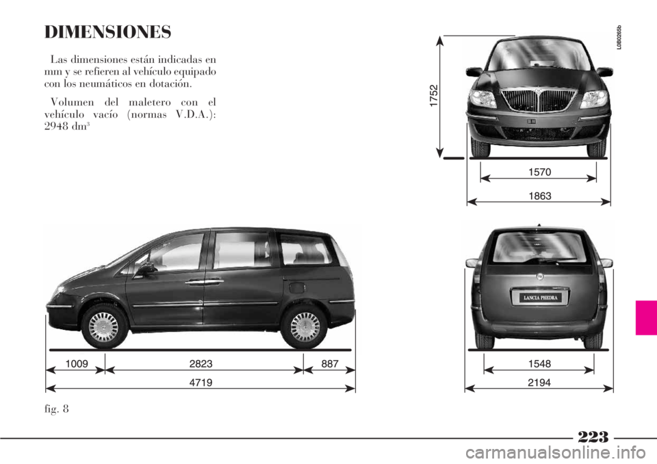 Lancia Phedra 2006 Manual de Empleo y Cuidado (in Spanish) 223
fig. 8
L0B0265b
DIMENSIONES
Las dimensiones están indicadas en
mm y se refieren al vehículo equipado
con los neumáticos en dotación.
Volumen del maletero con el
vehículo vacío (normas V.D.A Lancia Phedra 2006 Manual de Empleo y Cuidado (in Spanish) 223
fig. 8
L0B0265b
DIMENSIONES
Las dimensiones están indicadas en
mm y se refieren al vehículo equipado
con los neumáticos en dotación.
Volumen del maletero con el
vehículo vacío (normas V.D.A