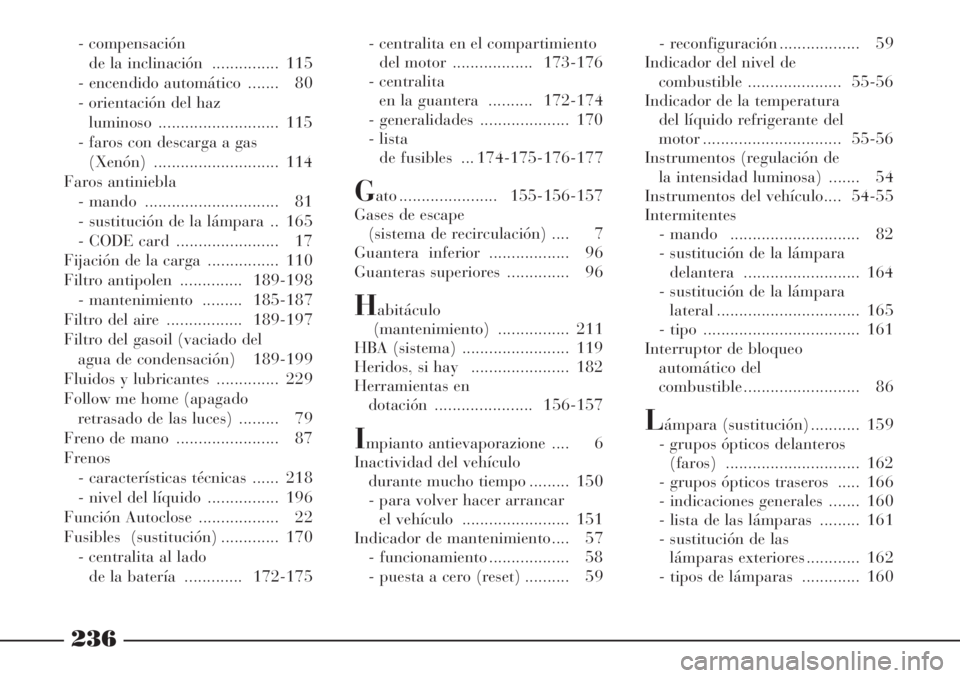 Lancia Phedra 2006  Manual de Empleo y Cuidado (in Spanish) 236
- compensación
de la inclinación  ............... 115
- encendido automático  ....... 80
- orientación del haz
luminoso ........................... 115
- faros con descarga a gas
(Xenón) ....