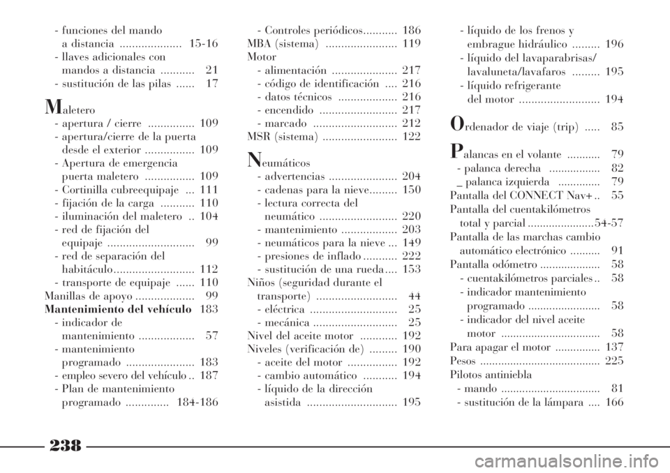 Lancia Phedra 2006 Manual de Empleo y Cuidado (in Spanish) 238
- funciones del mando
a distancia .................... 15-16
- llaves adicionales con
mandos a distancia ........... 21
- sustitución de las pilas ...... 17
Maletero
- apertura / cierre ... Lancia Phedra 2006 Manual de Empleo y Cuidado (in Spanish) 238
- funciones del mando
a distancia .................... 15-16
- llaves adicionales con
mandos a distancia ........... 21
- sustitución de las pilas ...... 17
Maletero
- apertura / cierre ...