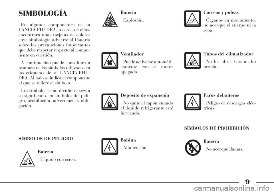 Lancia Phedra 2006 Manual de Empleo y Cuidado (in Spanish) 9
Batería
Líquido corrosivo.
SIMBOLOGÍA
En algunos componentes de su
LANCIA PHEDRA, o cerca de ellos,
encontrará unas tarjetas de colores
cuya simbología advierte al Usuario
sobre las precaucione Lancia Phedra 2006 Manual de Empleo y Cuidado (in Spanish) 9
Batería
Líquido corrosivo.
SIMBOLOGÍA
En algunos componentes de su
LANCIA PHEDRA, o cerca de ellos,
encontrará unas tarjetas de colores
cuya simbología advierte al Usuario
sobre las precaucione