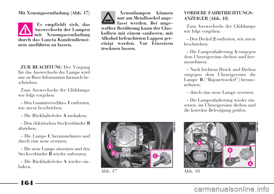 Lancia Phedra 2008  Manual de Empleo y Cuidado (in Spanish) Mit Xenongasentladung (Abb. 17)
Es empfiehlt sich, das
Auswechseln der Lampen
mit Xenongasentladung
durch das Lancia Kundendienst-
netz ausführen zu lassen. 
ZUR BEACHTUNG Der Vorgang
für das Auswec