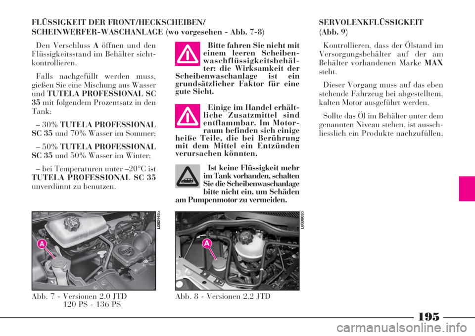 Lancia Phedra 2008  Manual de Empleo y Cuidado (in Spanish) 195
FLÜSSIGKEIT DER FRONT/HECKSCHEIBEN/
SCHEINWERFER-WASCHANLAGE (wo vorgesehen - Abb. 7-8)
Den Verschluss Aöffnen und den
Flüssigkeitsstand im Behälter sicht-
kontrollieren.
Falls nachgefüllt we
