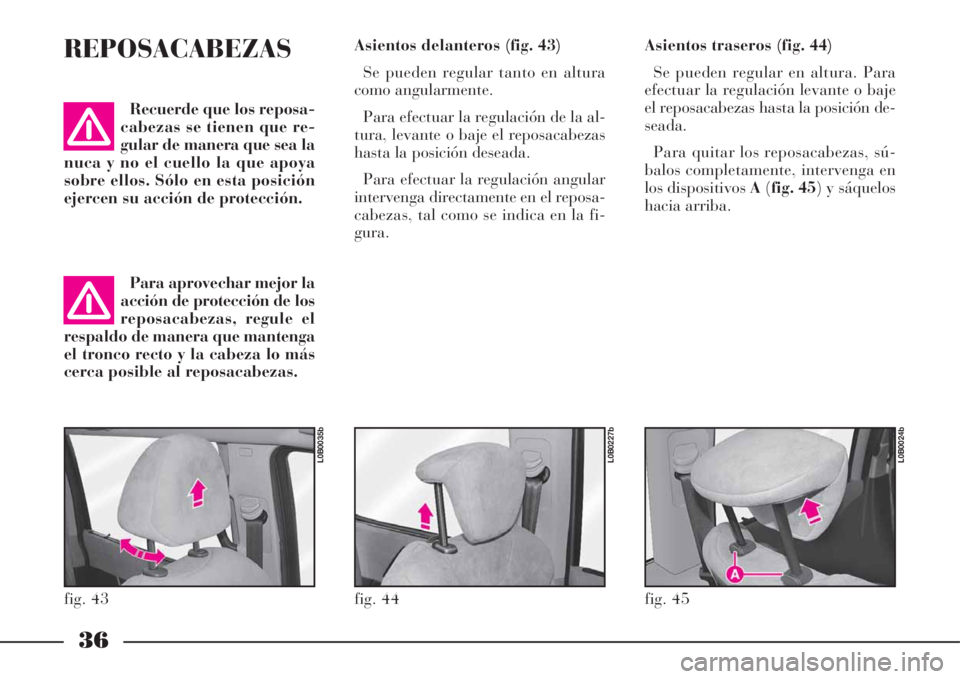 Lancia Phedra 2008  Manual de Empleo y Cuidado (in Spanish) 36
REPOSACABEZAS
Recuerde que los reposa-
cabezas se tienen que re-
gular de manera que sea la
nuca y no el cuello la que apoya
sobre ellos. Sólo en esta posición
ejercen su acción de protección.
