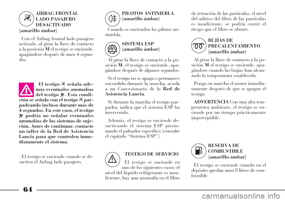 Lancia Phedra 2008  Manual de Empleo y Cuidado (in Spanish) 64
TESTIGO DE SERVICIO
El testigo se enciende en
uno de los siguientes casos: el
nivel del líquido refrigerante es insu-
ficiente, hay una anomalía en el filtrode retención de las partículas, el n