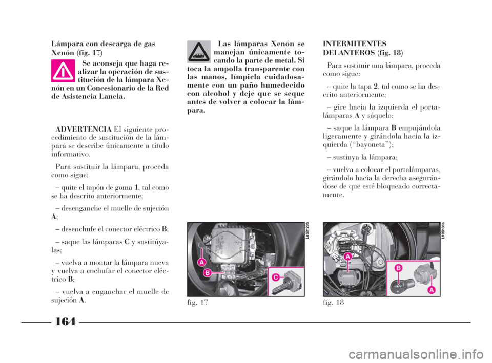 Lancia Phedra 2010  Manual de Empleo y Cuidado (in Spanish) Lámpara con descarga de gas
Xenón (fig. 17)
Se aconseja que haga re-
alizar la operación de sus-
titución de la lámpara Xe-
nón en un Concesionario de la Red
de Asistencia Lancia.
ADVERTENCIAEl 