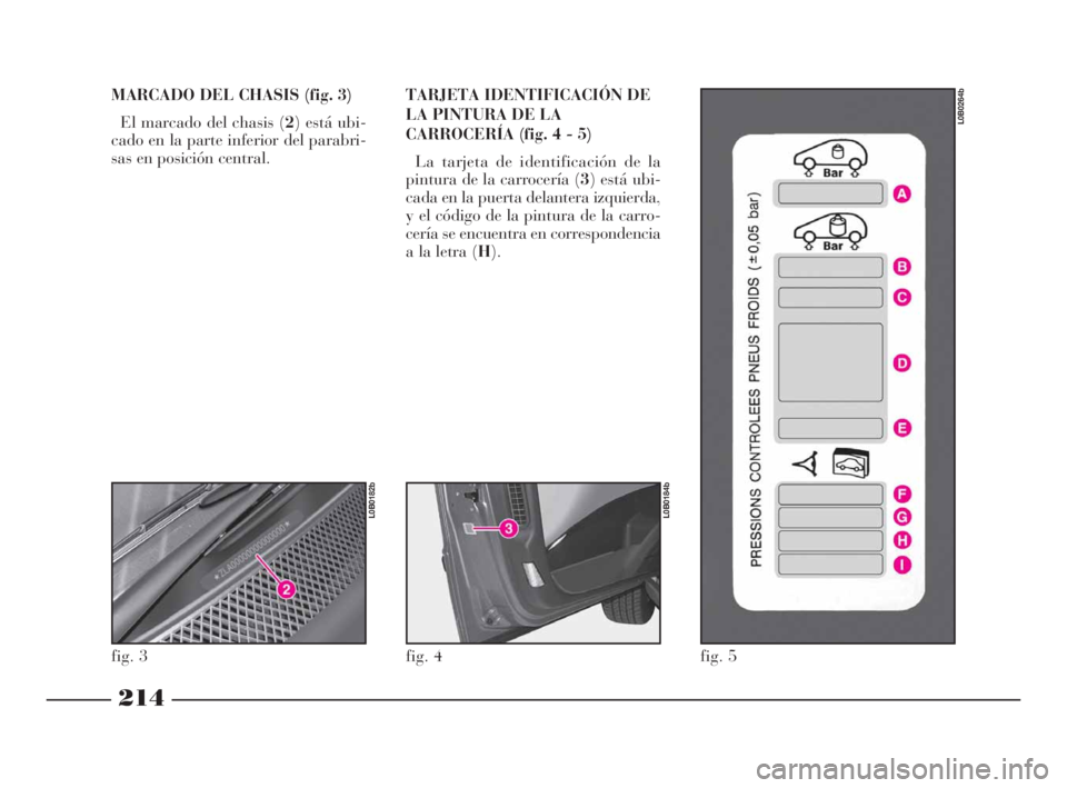 Lancia Phedra 2010 Manual de Empleo y Cuidado (in Spanish) 214
MARCADO DEL CHASIS (fig. 3)
El marcado del chasis (2) está ubi-
cado en la parte inferior del parabri-
sas en posición central.TARJETA IDENTIFICACIÓN DE
LA PINTURA DE LA
CARROCERÍA (fig. 4 - 5 Lancia Phedra 2010 Manual de Empleo y Cuidado (in Spanish) 214
MARCADO DEL CHASIS (fig. 3)
El marcado del chasis (2) está ubi-
cado en la parte inferior del parabri-
sas en posición central.TARJETA IDENTIFICACIÓN DE
LA PINTURA DE LA
CARROCERÍA (fig. 4 - 5