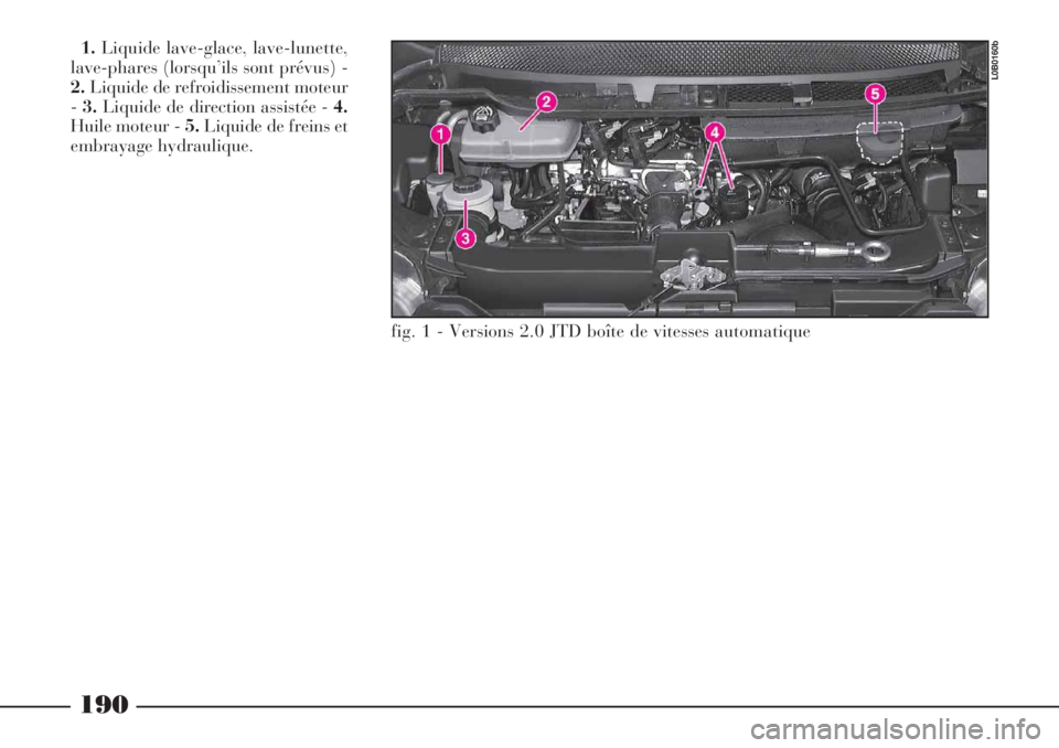 Lancia Phedra 2006 Notice dentretien (in French) 190
1.Liquide lave-glace, lave-lunette,
lave-phares (lorsqu’ils sont prévus) -
2.Liquide de refroidissement moteur
-3.Liquide de direction assistée - 4.
Huile moteur - 5.Liquide de freins et
embra Lancia Phedra 2006 Notice dentretien (in French) 190
1.Liquide lave-glace, lave-lunette,
lave-phares (lorsqu’ils sont prévus) -
2.Liquide de refroidissement moteur
-3.Liquide de direction assistée - 4.
Huile moteur - 5.Liquide de freins et
embra