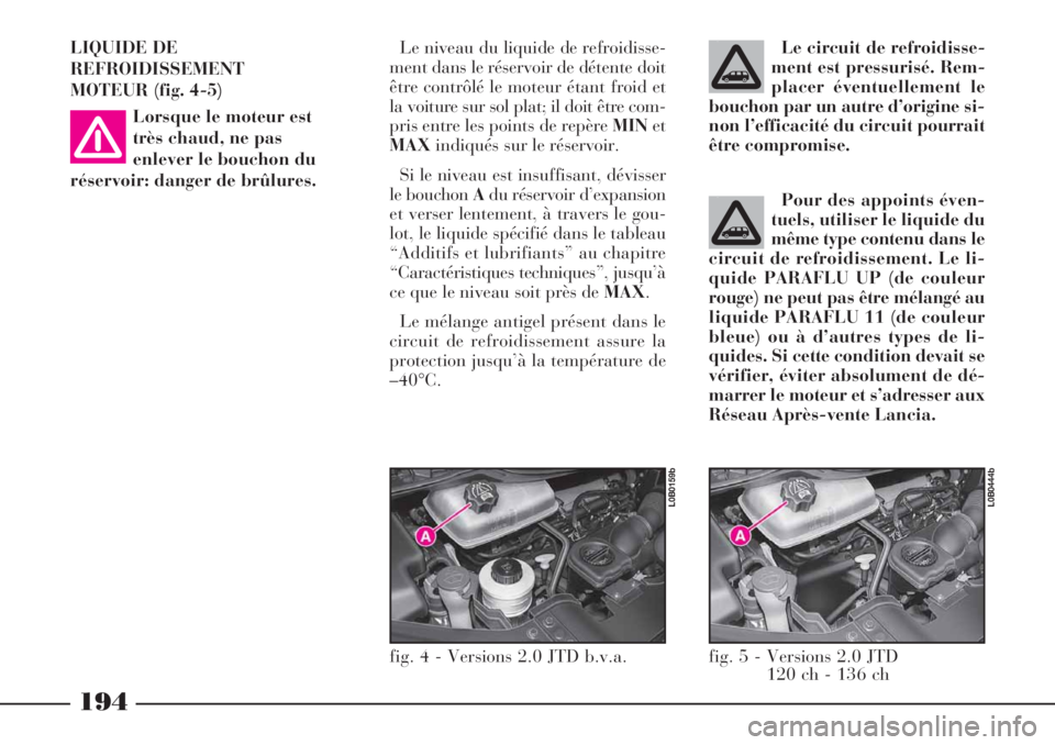 Lancia Phedra 2006 Notice dentretien (in French) 194
LIQUIDE DE
REFROIDISSEMENT
MOTEUR (fig. 4-5)
Lorsque le moteur est
très chaud, ne pas
enlever le bouchon du
réservoir: danger de brûlures.Le niveau du liquide de refroidisse-
ment dans le rése Lancia Phedra 2006 Notice dentretien (in French) 194
LIQUIDE DE
REFROIDISSEMENT
MOTEUR (fig. 4-5)
Lorsque le moteur est
très chaud, ne pas
enlever le bouchon du
réservoir: danger de brûlures.Le niveau du liquide de refroidisse-
ment dans le rése