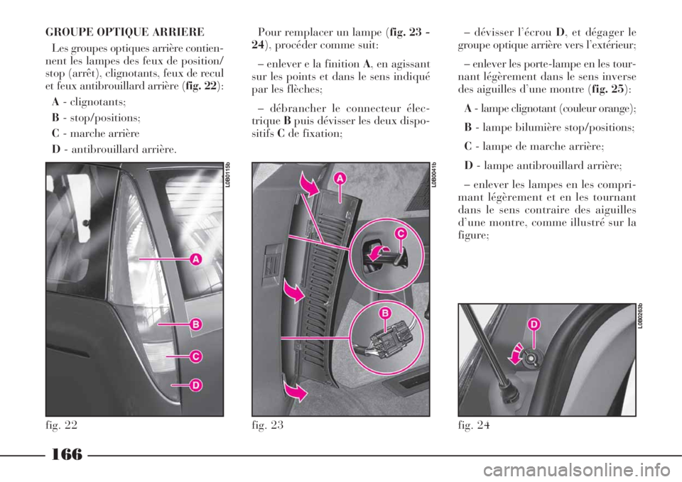 Lancia Phedra 2008  Notice dentretien (in French) GROUPE OPTIQUE ARRIERE
Les groupes optiques arrière contien-
nent les lampes des feux de position/
stop (arrêt), clignotants, feux de recul
et feux antibrouillard arrière (fig. 22):
A- clignotants;