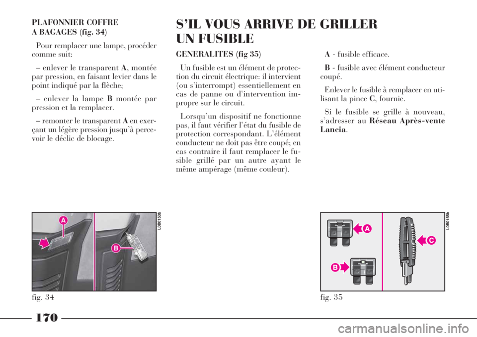 Lancia Phedra 2008  Notice dentretien (in French) PLAFONNIER COFFRE 
A BAGAGES (fig. 34)
Pour remplacer une lampe, procéder
comme suit:
– enlever le transparent A, montée
par pression, en faisant levier dans le
point indiqué par la flèche;
– 
