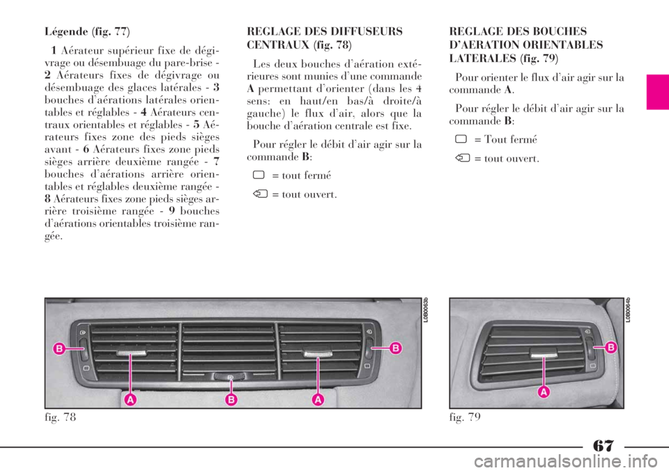 Lancia Phedra 2008 Notice dentretien (in French) 67
Légende (fig. 77)
1Aérateur supérieur fixe de dégi-
vrage ou désembuage du pare-brise -
2Aérateurs fixes de dégivrage ou
désembuage des glaces latérales - 3
bouches d’aérations latéral Lancia Phedra 2008 Notice dentretien (in French) 67
Légende (fig. 77)
1Aérateur supérieur fixe de dégi-
vrage ou désembuage du pare-brise -
2Aérateurs fixes de dégivrage ou
désembuage des glaces latérales - 3
bouches d’aérations latéral