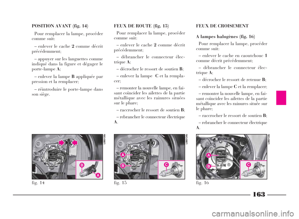 Lancia Phedra 2010 Notice dentretien (in French) 163
POSITION AVANT (fig. 14)
Pour remplacer la lampe, procéder
comme suit:
– enlever le cache2comme décrit
précédemment;
– appuyer sur les languettes comme
indiqué dans la figure et dégager Lancia Phedra 2010 Notice dentretien (in French) 163
POSITION AVANT (fig. 14)
Pour remplacer la lampe, procéder
comme suit:
– enlever le cache2comme décrit
précédemment;
– appuyer sur les languettes comme
indiqué dans la figure et dégager