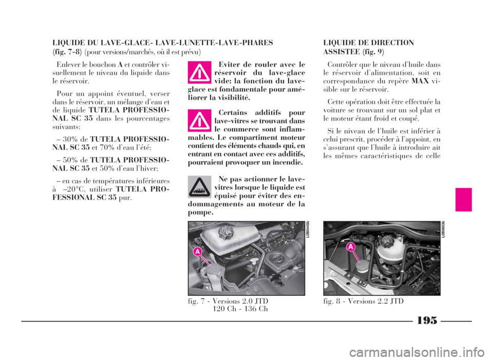 Lancia Phedra 2010 Notice dentretien (in French) 195
LIQUIDE DU LAVE-GLACE- LAVE-LUNETTE-LAVE-PHARES
(fig. 7-8)(pour versions/marchés, où il est prévu)
Enlever le bouchonAet contrôler vi-
suellement le niveau du liquide dans
le réservoir.
Pour Lancia Phedra 2010 Notice dentretien (in French) 195
LIQUIDE DU LAVE-GLACE- LAVE-LUNETTE-LAVE-PHARES
(fig. 7-8)(pour versions/marchés, où il est prévu)
Enlever le bouchonAet contrôler vi-
suellement le niveau du liquide dans
le réservoir.
Pour