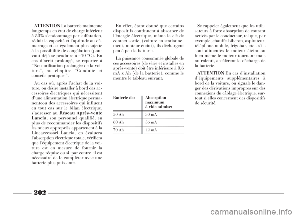 Lancia Phedra 2009  Notice dentretien (in French) 202
ATTENTIONLa batterie maintenue
longtemps en état de charge inférieur
à 50% s’endommage par sulfatation,
réduit la capacité et l’aptitude au dé-
marrage et est également plus sujette
à 