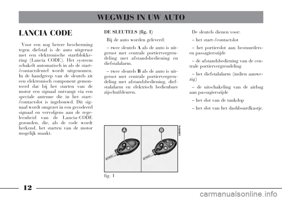 Lancia Phedra 2006  Instructieboek (in Dutch) 12
LANCIA CODE
Voor een nog betere bescherming
tegen diefstal is de auto uitgerust
met een elektronische startblokke-
ring (Lancia CODE). Het systeem
schakelt automatisch in als de start-
/contactsleu