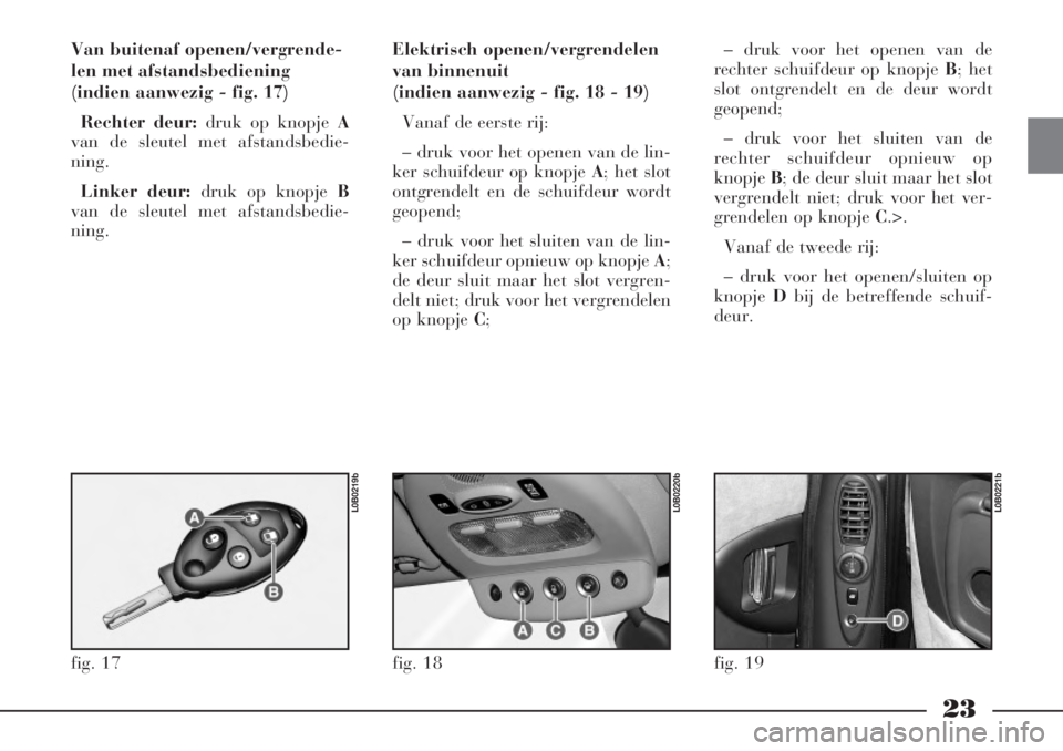 Lancia Phedra 2006  Instructieboek (in Dutch) 23
Van buitenaf openen/vergrende-
len met afstandsbediening 
(indien aanwezig - fig. 17)
Rechter deur:druk op knopje A
van de sleutel met afstandsbedie-
ning.
Linker deur:druk op knopje B
van de sleut
