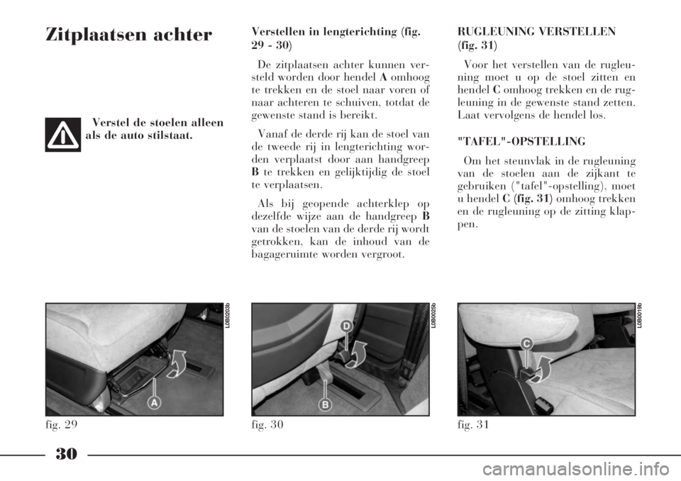 Lancia Phedra 2006  Instructieboek (in Dutch) 30
Zitplaatsen achterVerstellen in lengterichting (fig.
29 - 30)
De zitplaatsen achter kunnen ver-
steld worden door hendel Aomhoog
te trekken en de stoel naar voren of
naar achteren te schuiven, totd
