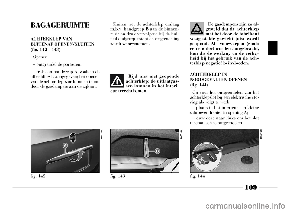 Lancia Phedra 2009 Instructieboek (in Dutch) 109
BAGAGERUIMTE
ACHTERKLEP VAN
BUITENAF OPENEN/SLUITEN
(fig. 142 - 143)
Openen:
– ontgrendel de portieren;
– trek aan handgreep A, zoals in de
afbeelding is aangegeven; het openen
van de achterk Lancia Phedra 2009 Instructieboek (in Dutch) 109
BAGAGERUIMTE
ACHTERKLEP VAN
BUITENAF OPENEN/SLUITEN
(fig. 142 - 143)
Openen:
– ontgrendel de portieren;
– trek aan handgreep A, zoals in de
afbeelding is aangegeven; het openen
van de achterk