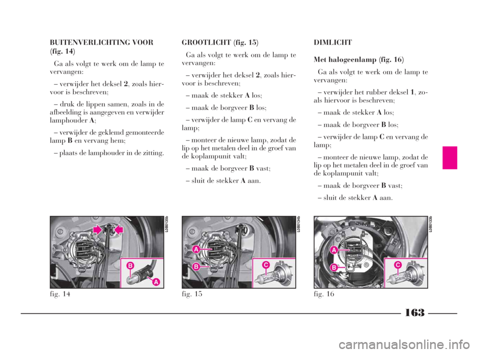 Lancia Phedra 2010 Instructieboek (in Dutch) 163
BUITENVERLICHTING VOOR
(fig. 14)
Ga als volgt te werk om de lamp te
vervangen:
– verwijder het deksel 2, zoals hier-
voor is beschreven;
– druk de lippen samen, zoals in de
afbeelding is aange Lancia Phedra 2010 Instructieboek (in Dutch) 163
BUITENVERLICHTING VOOR
(fig. 14)
Ga als volgt te werk om de lamp te
vervangen:
– verwijder het deksel 2, zoals hier-
voor is beschreven;
– druk de lippen samen, zoals in de
afbeelding is aange