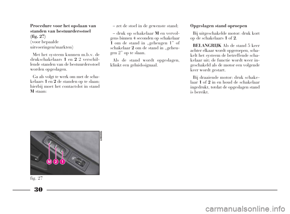 Lancia Phedra 2010  Instructieboek (in Dutch) 30
Procedure voor het opslaan van
standen van bestuurdersstoel
(fig. 27)
(voor bepaalde
uitvoeringen/markten)
Met het systeem kunnen m.b.v. de
drukschakelaars1en22 verschil-
lende standen van de bestu