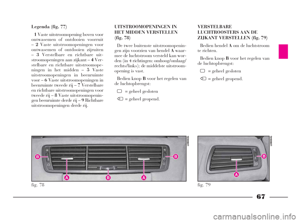 Lancia Phedra 2010  Instructieboek (in Dutch) 67
Legenda (fig. 77)
1Vaste uitstroomopening boven voor
ontwasemen of ontdooien voorruit
–2Vaste uitstroomopeningen voor
ontwasemen of ontdooien zijruiten
–3Verstelbare en richtbare uit-
stroomope