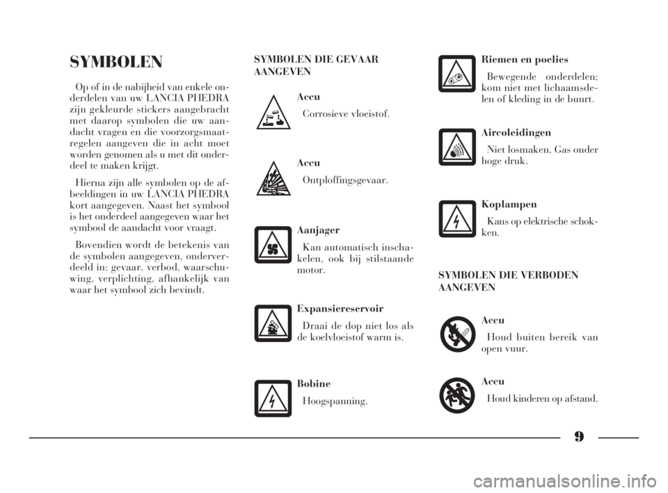 Lancia Phedra 2010  Instructieboek (in Dutch) 9
Accu
Corrosieve vloeistof.
SYMBOLEN
Op of in de nabijheid van enkele on-
derdelen van uw LANCIA PHEDRA
zijn gekleurde stickers aangebracht
met daarop symbolen die uw aan-
dacht vragen en die voorzor