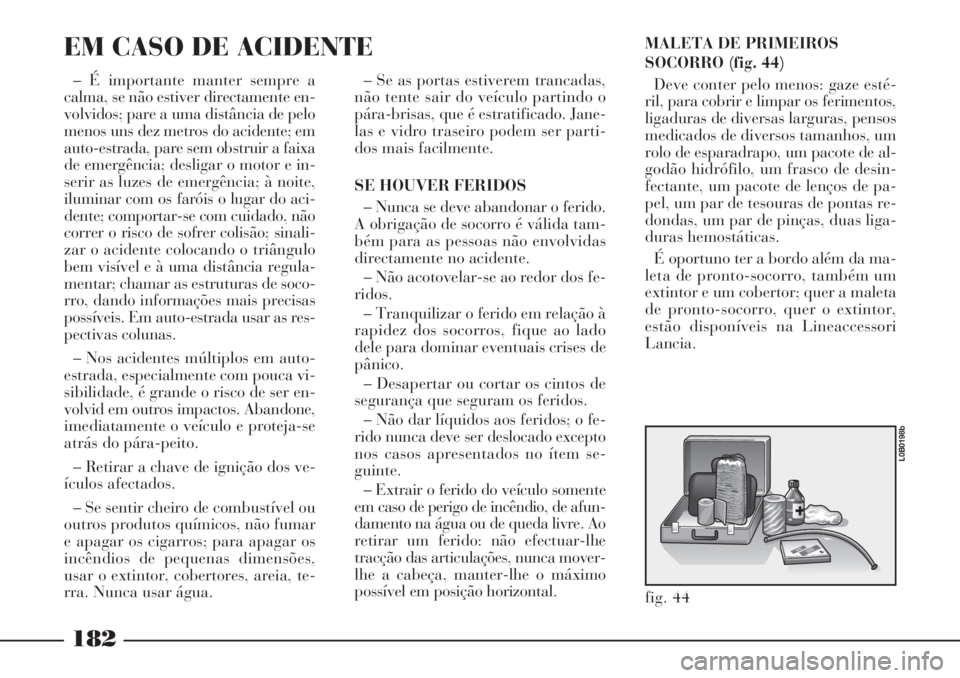 Lancia Phedra 2007  Manual de Uso e Manutenção (in Portuguese) MALETA DE PRIMEIROS
SOCORRO (fig. 44)
Deve conter pelo menos: gaze esté-
ril, para cobrir e limpar os ferimentos,
ligaduras de diversas larguras, pensos
medicados de diversos tamanhos, um
rolo de esp