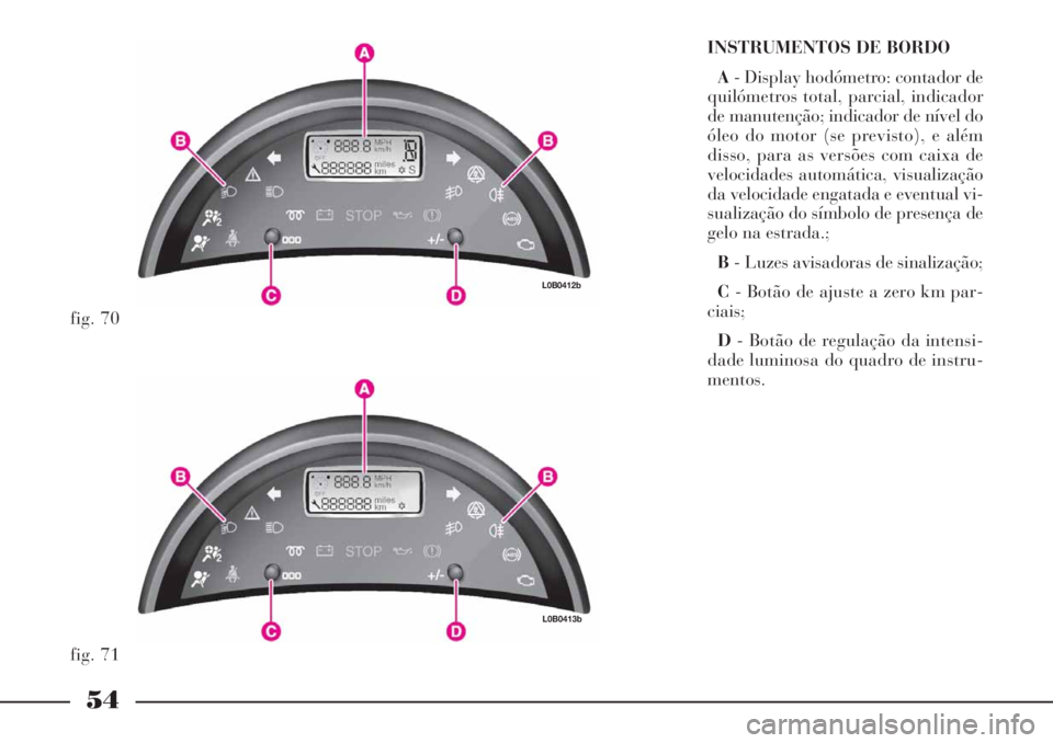 Lancia Phedra 2006  Manual de Uso e Manutenção (in Portuguese) 54
INSTRUMENTOS DE BORDO
A- Display hodómetro: contador de
quilómetros total, parcial, indicador
de manutenção; indicador de nível do
óleo do motor (se previsto), e além
disso, para as versões